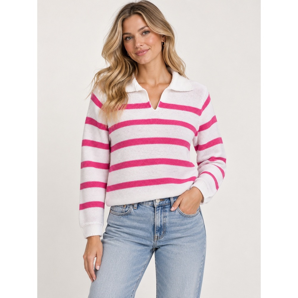 Jessica Simpson Polo Sweater Womens Large White Pink Striped Knit Preppy